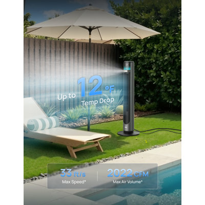 DREO 42 In. 12 Speeds Smart Outdoor Misting Tower Fan In Black W/Remote, 20 Ft Mist, 150° Oscillation, Uv-Resistant