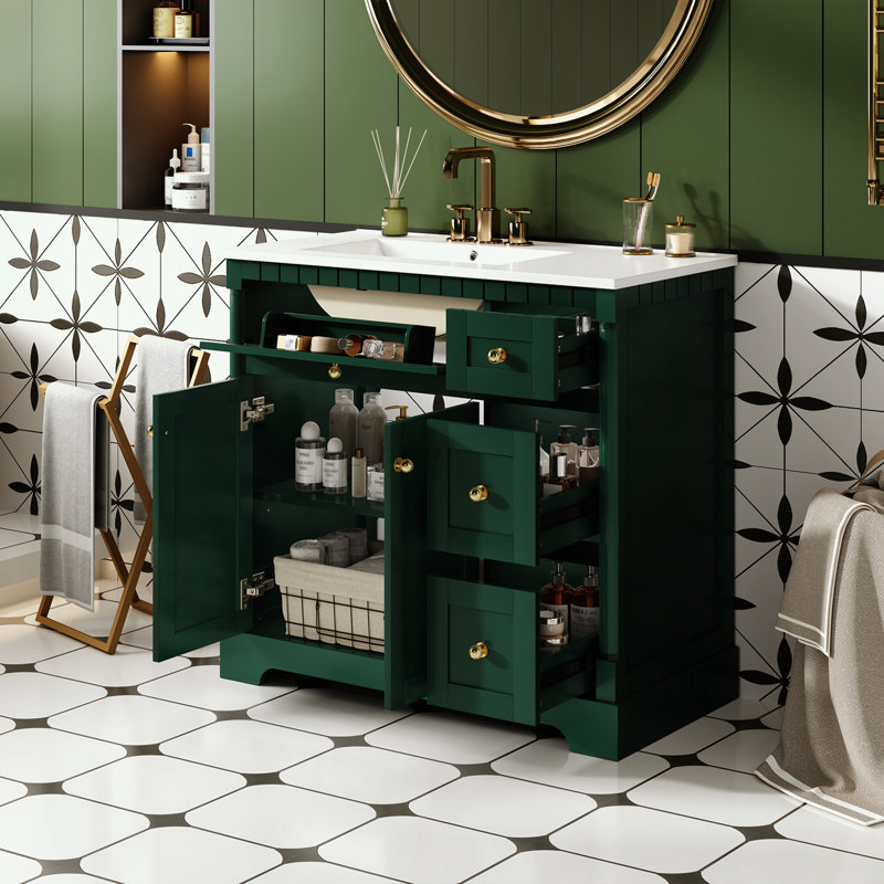Meuble-lavabo de salle de bain avec lavabo en céramique, tablette réglable, 3 tiroirs et tiroir basculant