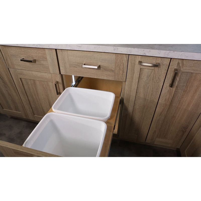 White Plastic Pull-Out Kitchen Waste Bin with Maple Trim