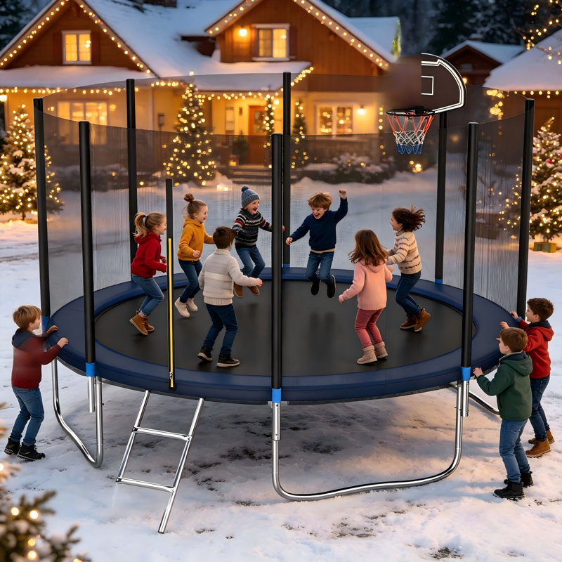 Trampoline rond 12 pi pour cour arrière avec filet de sécurité et crochet en T, trampoline d'extérieur robuste pour enfants et adultes