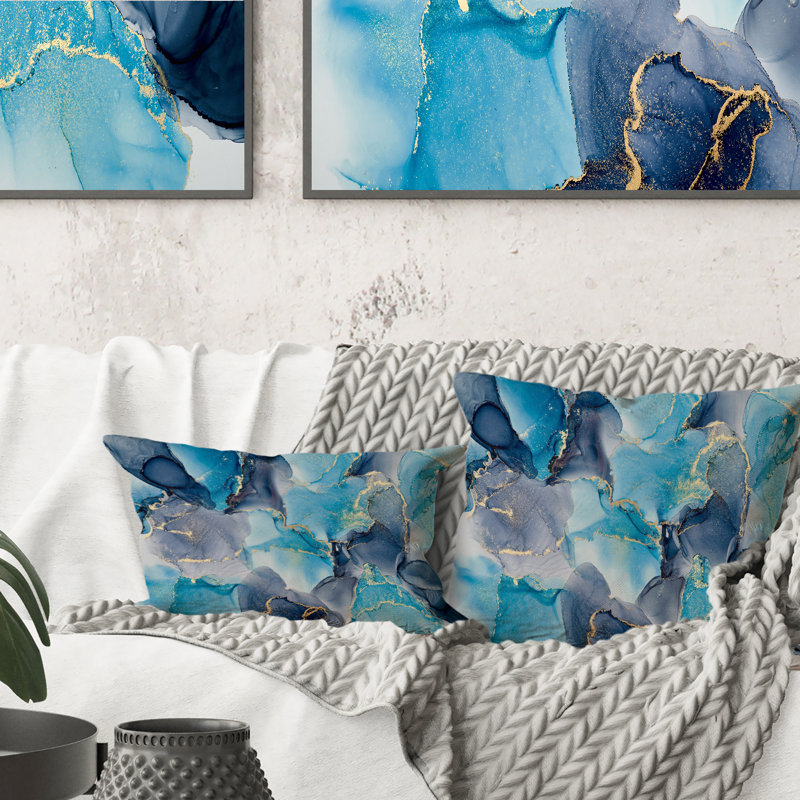 Turquoise et mauve, luxe, abstrait, fluide, art V, coussin décoratif moderne imprimé 12 po x 20 po