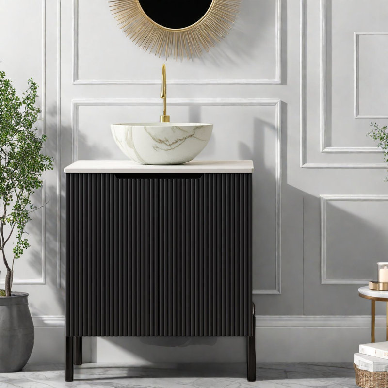 Ensemble de meuble-lavabo moderne noir avec lavabo en céramique durable et grand rangement