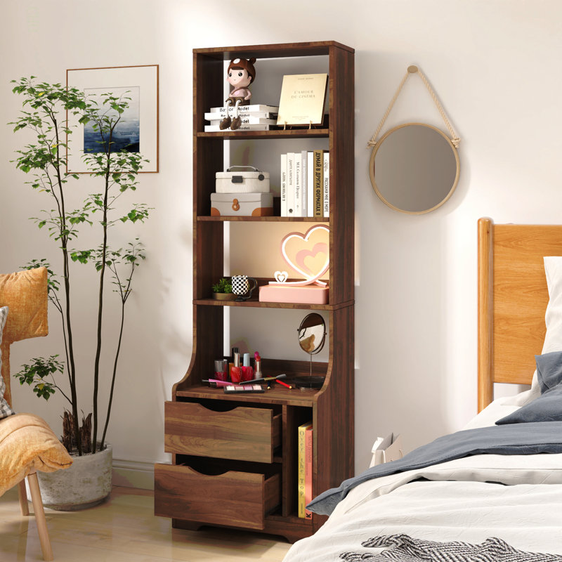 Table de chevet avec bibliothèque, table de chevet avec 2 tiroirs de rangement pour la chambre à coucher