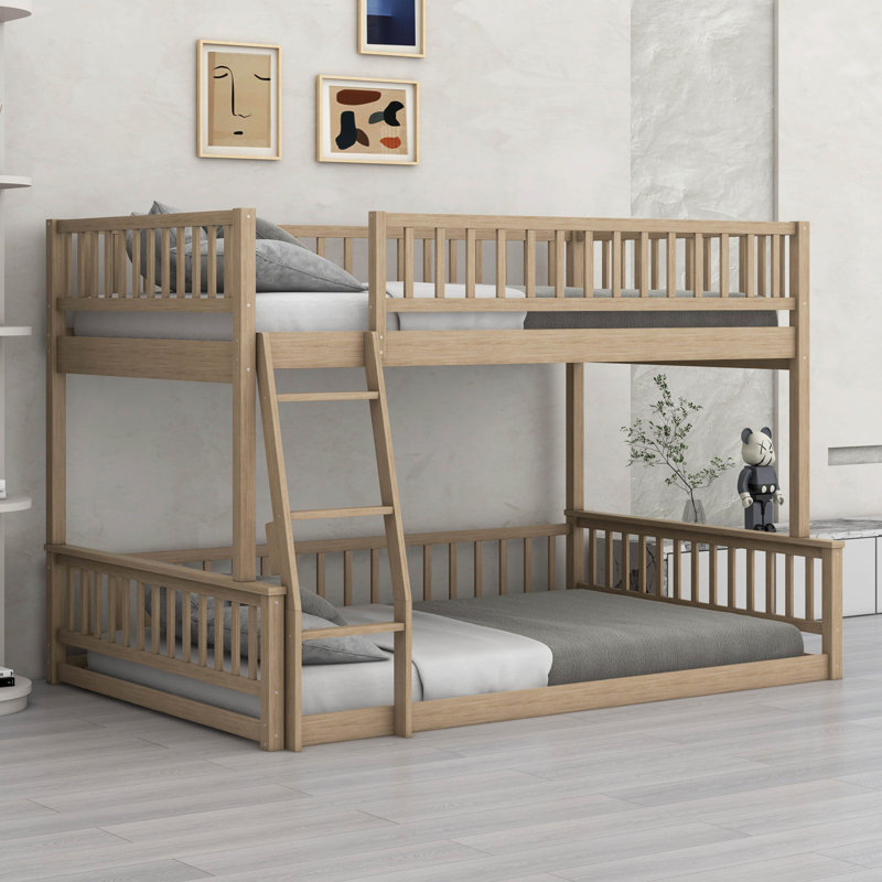 Full XL Over Queen Bunk Bed With Full Length Guardrail And Ladder, Wood Floor Bunk Bed Frame, Walnut