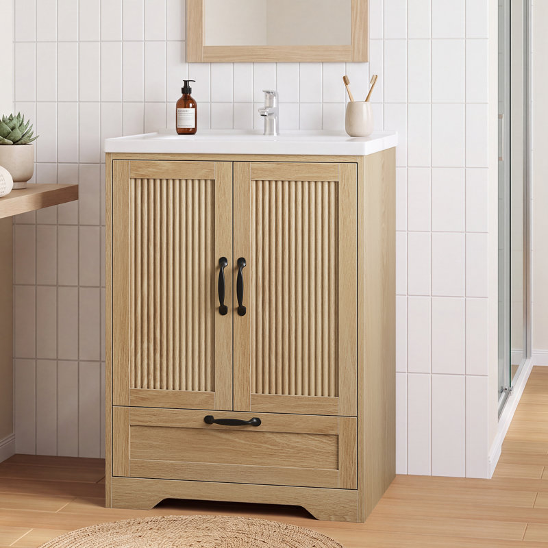 Freestanding Standard Single Vanity Bathroom Vanity With Ceramic Top, Naturel