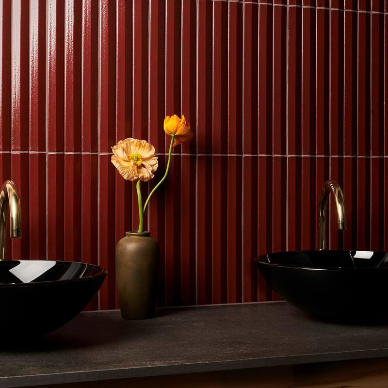 Ponto 5x16 Fluted 3D Polished Porcelain Tile, Ruby Red