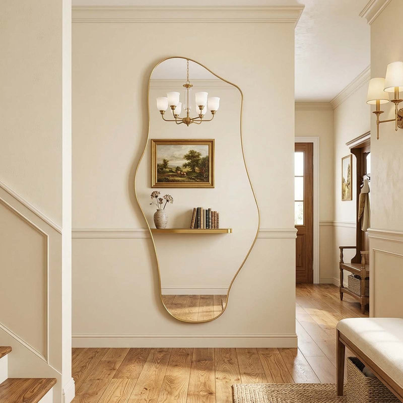 Modern Asymmetrical Full Length Wall Mirror with Gold Metal Frame, 55" x 25", 55"x25", Gold
