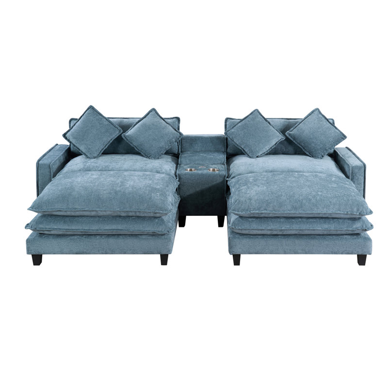 Canapé modulaire en chenille de 111 po avec deux repose-pieds amovibles, deux ports USB, deux porte-gobelets et une grande boîte de rangement pour le salon