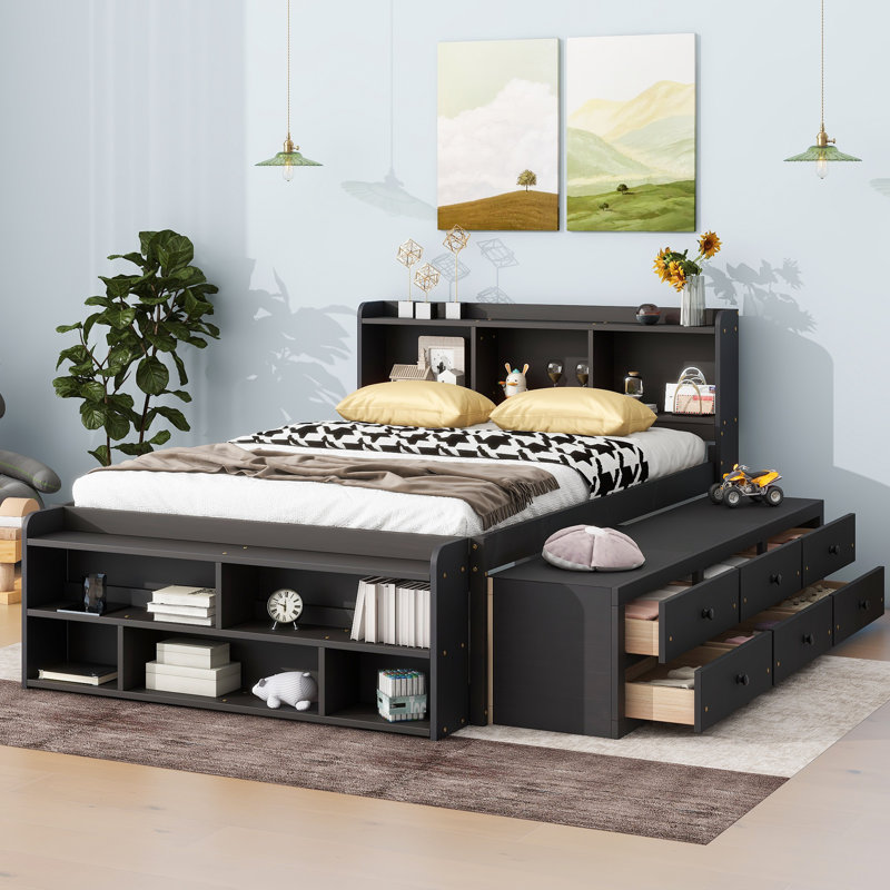 Lit double avec tête de lit bibliothèque, tiroirs de rangement sous le lit et étui de rangement, Espresso