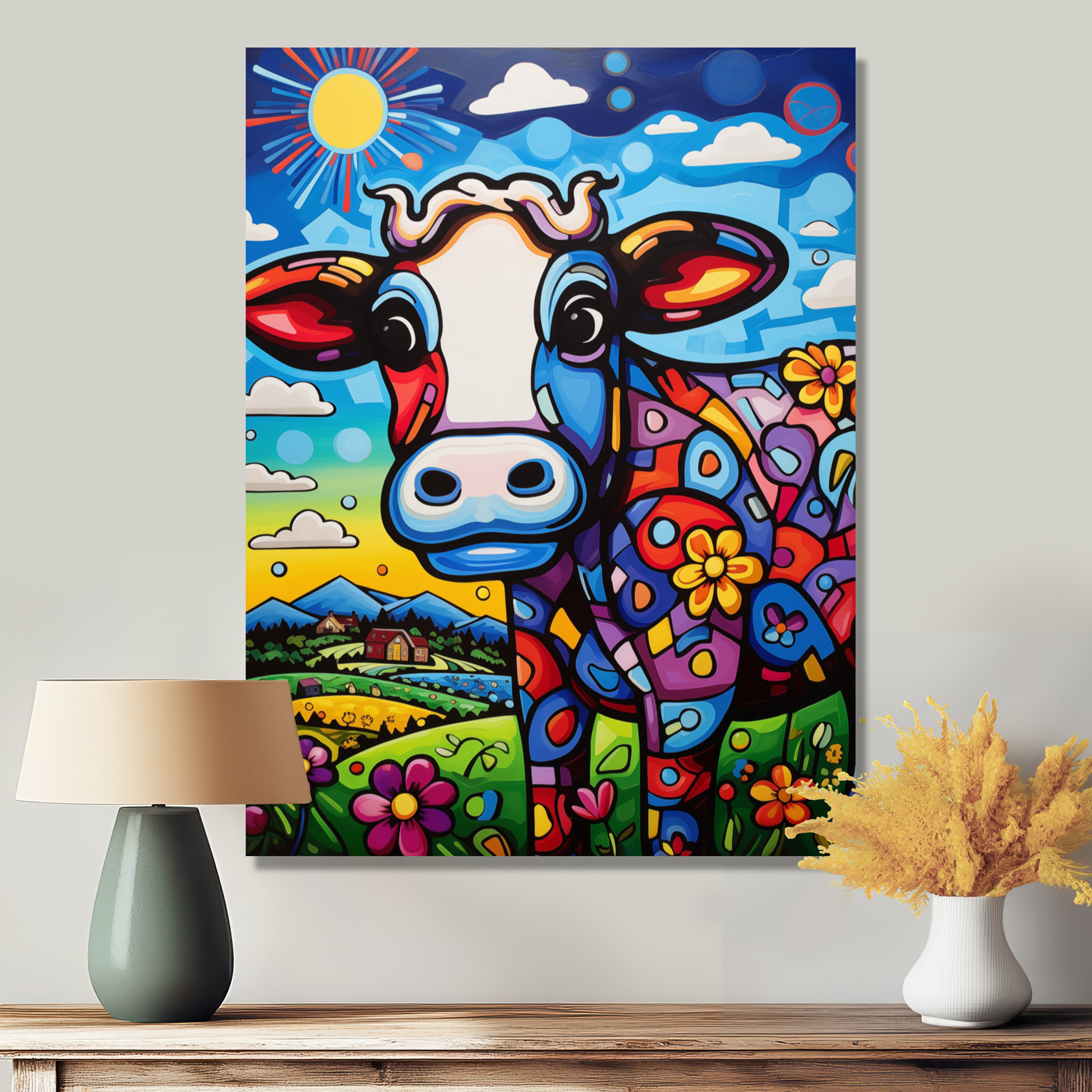 August Grove® Pink Green Abstract Cow Landscape II - Cow Animal Wall ...