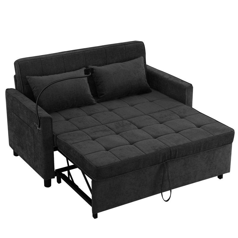 Canapé-lit coulissant de 56,9 po avec canapé-lit réversible, poches latérales, deux ports USB et support de téléphone pour le salon, noir