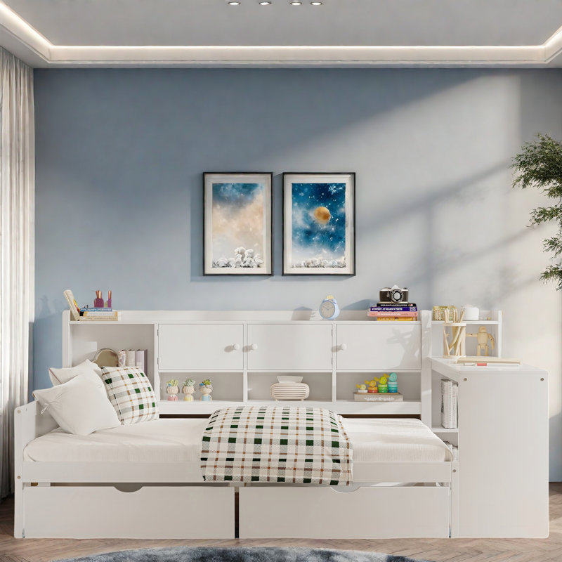 Wooden L-shape Daybed With Seven Storage Cabinets, Study Desk, Built-in Bookshelf And Two Drawers, White, Twin
