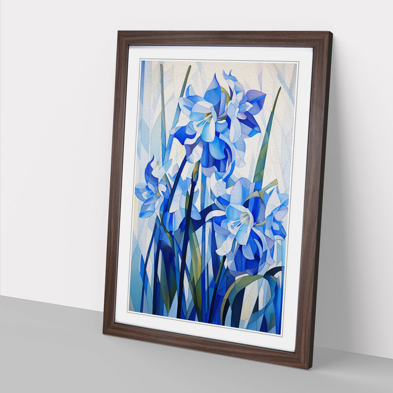 Bluebell Flower Cubism - Single Picture Frame Print on Wood, Walnut Framed, 34cm H x 25cm W x 2cm D