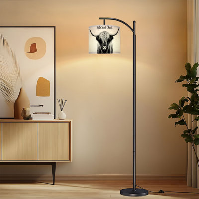 Lampe sur pied à arc avec abat-jour réglable Highland Cow noir blanc humour animaux sur pied Highland 3 couleurs avec gradateur de lumière