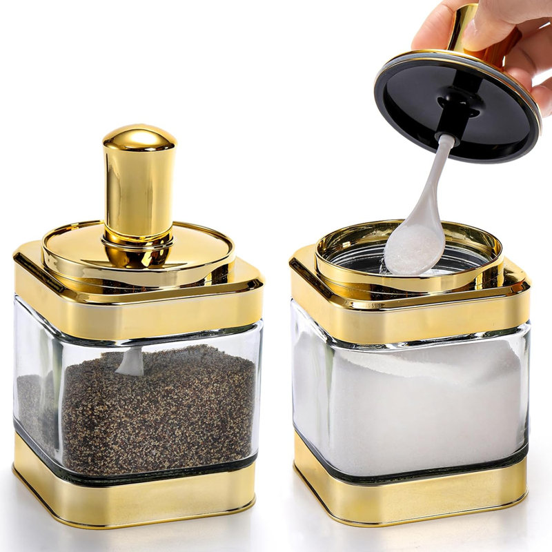 2 Pack Glss Condiment Pot, 12 Ounce Gold Spice Jars With Spoon, Seasoning Box Set Salt Container, Sugar Dispense, Kitchen Containers For Flour And Sugar