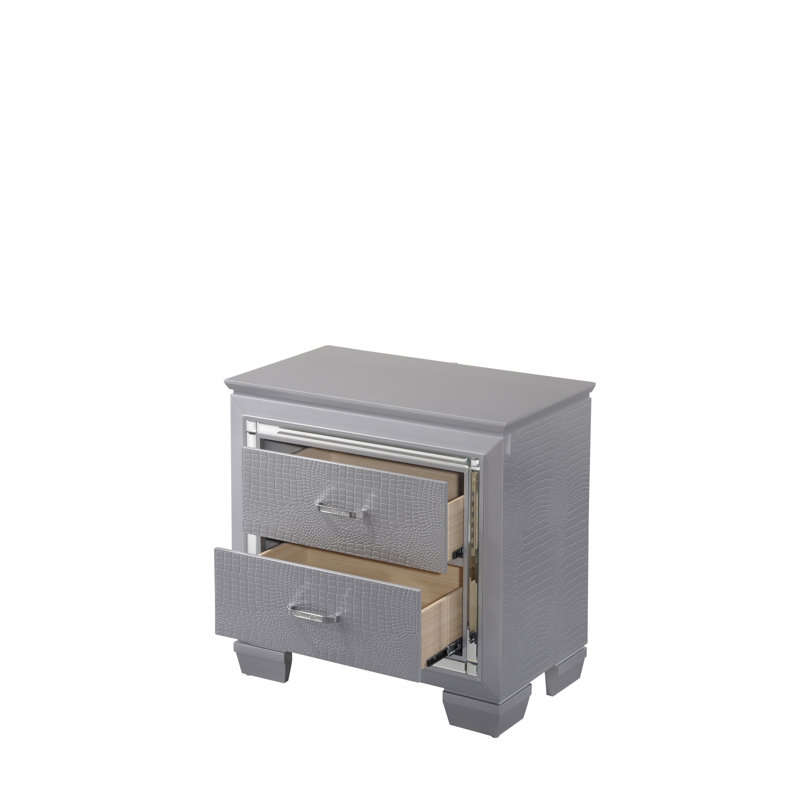 Modern LED Nightstand with Dual Drawers, Beveled Mirror Accents, and Chrome Hardware