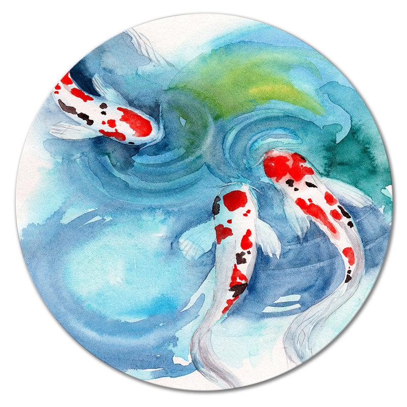 Trois poissons Koi avec des taches dans l'eau - peinture sans cadre sur métal
