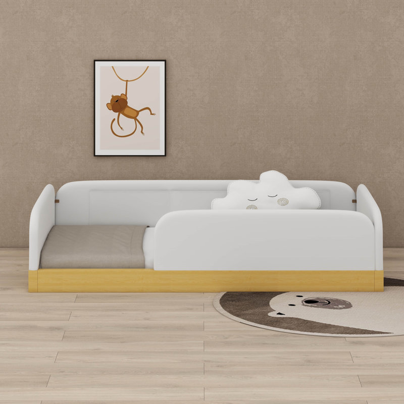 Twin Size Floor Bed, Velvet Upholstered Platform Bed With Side Storage Bags & Full-Length Guardrails