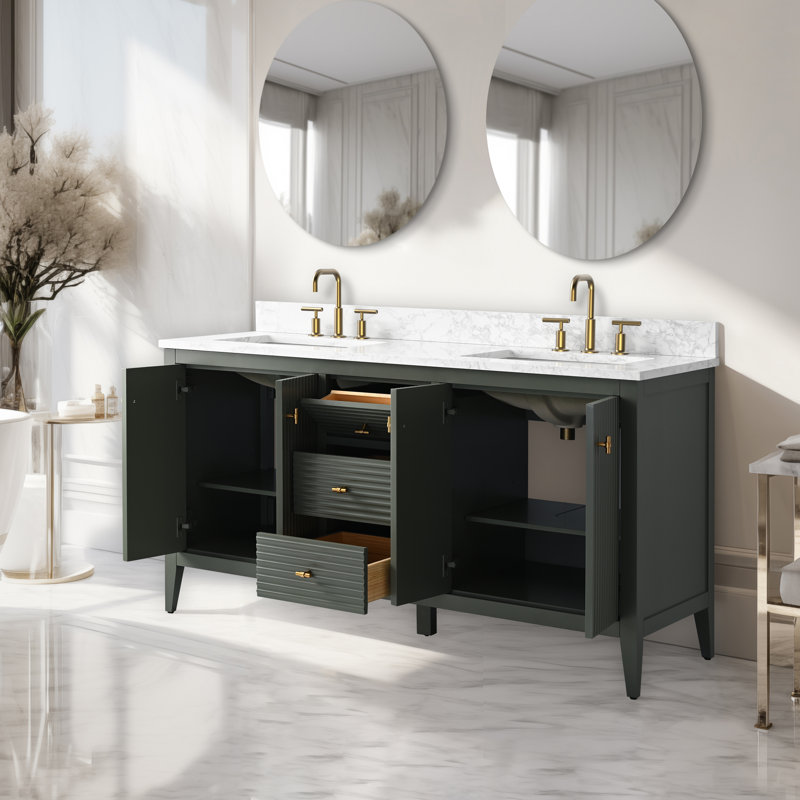 60" Double Bathroom Vanity Set, Golden Brushed, Linear Vintage Green