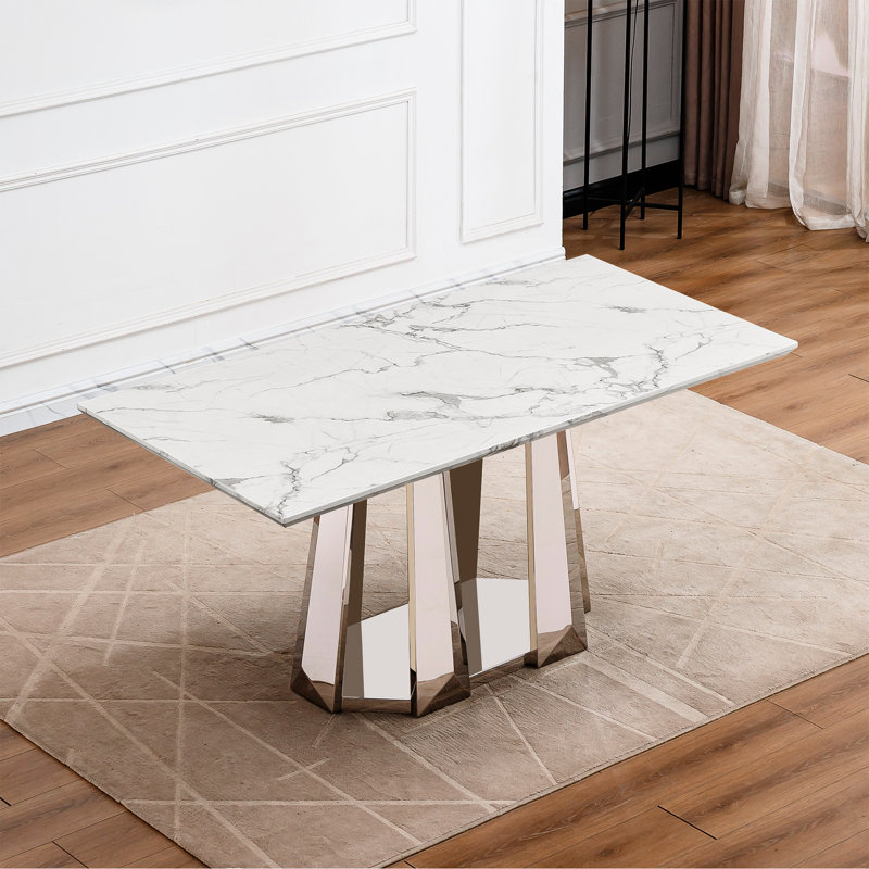 Table de salle à manger rectangulaire 70 po en faux marbre 70 po, base en acier inoxydable, table artisanale exquise 70 po
