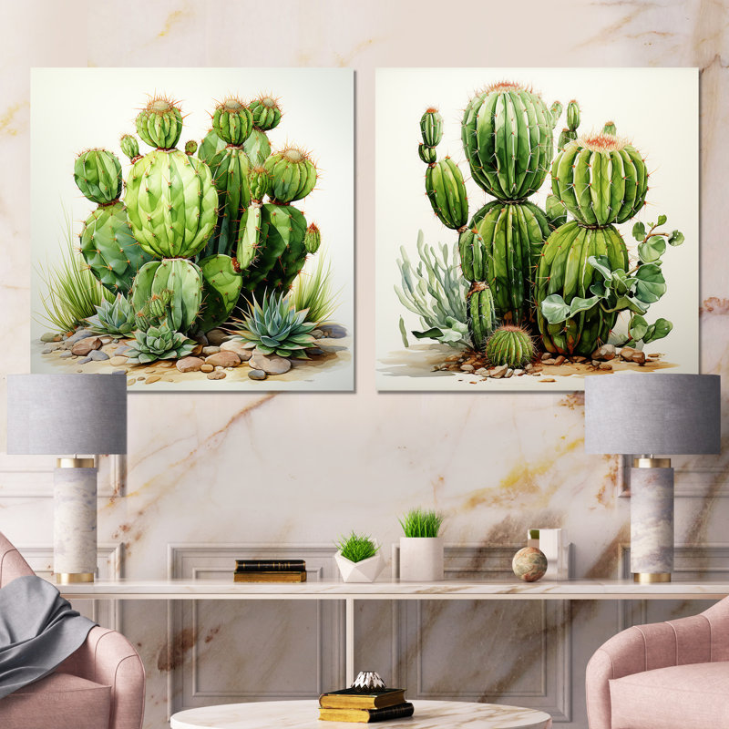 Désert vert Cactus Impression I - ensemble de 2 pièces carrées florales en métal, H 16 po x l 32 po