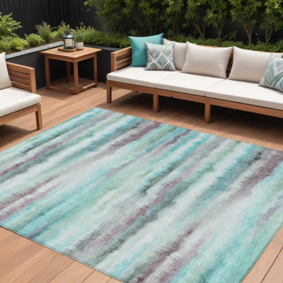 Tapis intérieur lavable rayé bleu sarcelle prune et ivoire