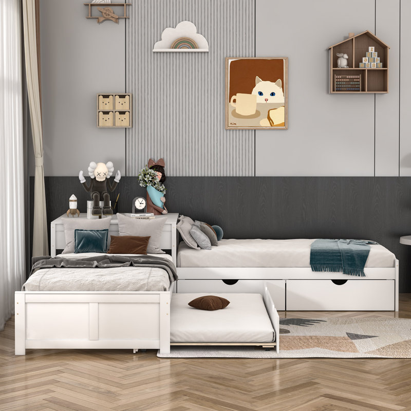 Twin Size 2 Drawers L-shaped Platform Beds with Trundle and Built-in Table, White