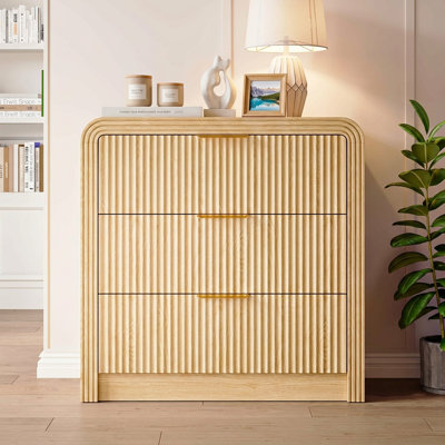 Fluted 3 Drawers Dresser, 31.5" Wide Modern Chest Of Drawers With Round Edge & Metal Handle, Wood Storage Organizer For Bedroom/Living Room/Entryway (Natural Oak)