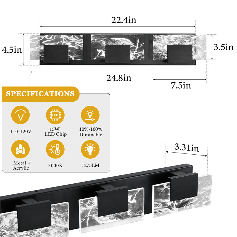 Éclairage pour meuble-lavabo moderne 3 lumières 3 lumières, Noir mat