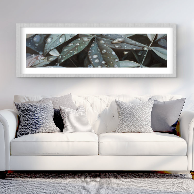 Feuilles après la pluie - reproduction encadrée pour la décoration intérieure, H 48 po x l 16 po, Argent argent