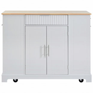 Kitchen Island Table, Fluted  With Trash Can Storage Cabinet, Power Outlet, Internal Storage Rack, Rolling S On 5 Wheels With 3 Drawer, 3 Open Side Racks