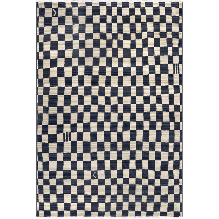 Dominique Abstract Checkered Fringe Area Rug