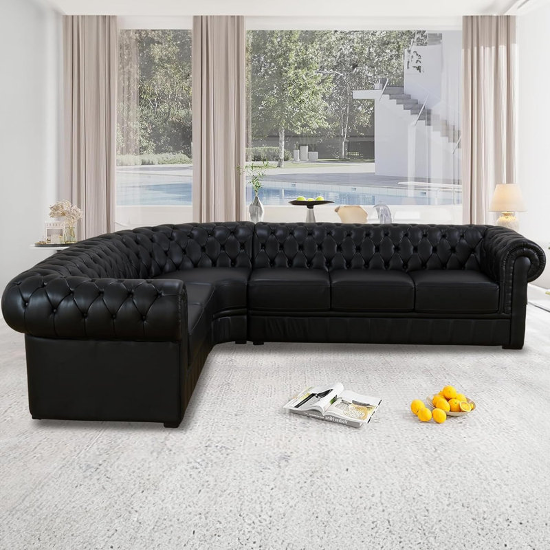 3-piece Cow Top Leather Sectional Sofa, Left Hand Facing, Black Genuine Leather