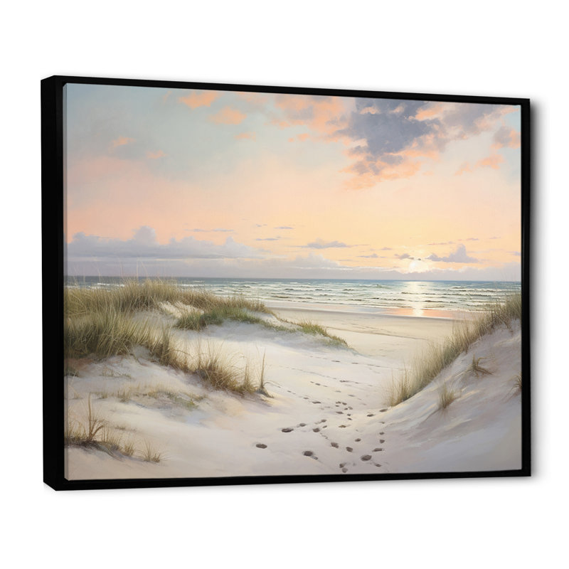 Beach Serenity - Doux rose pastel lever de soleil I - impression, H 12 po x l 20 po x P 1 po, Cadre flottant noir