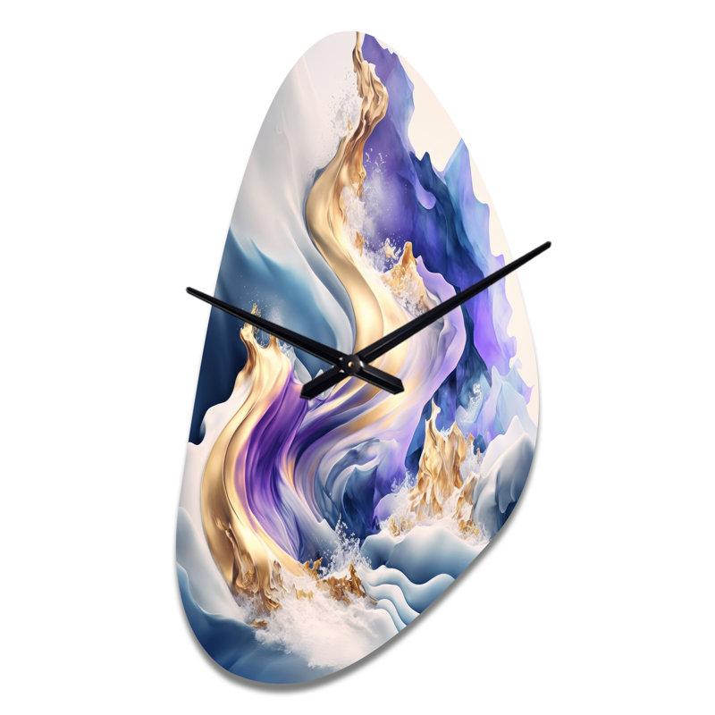 Bleu et or Splash Paint III - forme irrégulière, spirale abstraite, horloge murale en métal, impression asymétrique, Grand