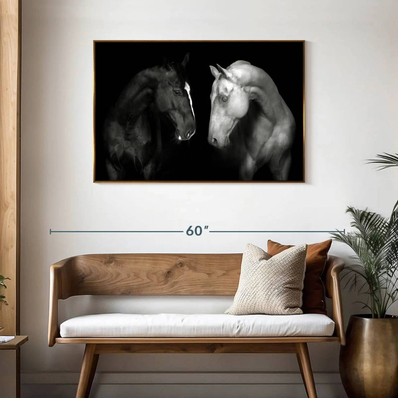 Chevaux monochromes, Cadre flottant doré, 43 po x 29 po