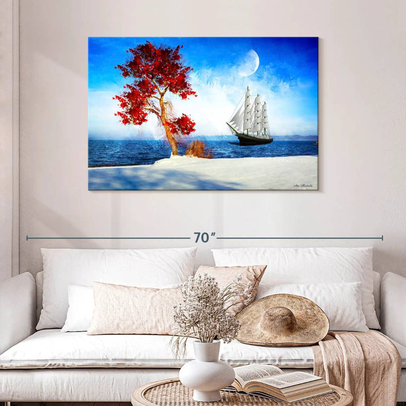Arbre rouge Mehar et bateau, H 30 po x l 45 po