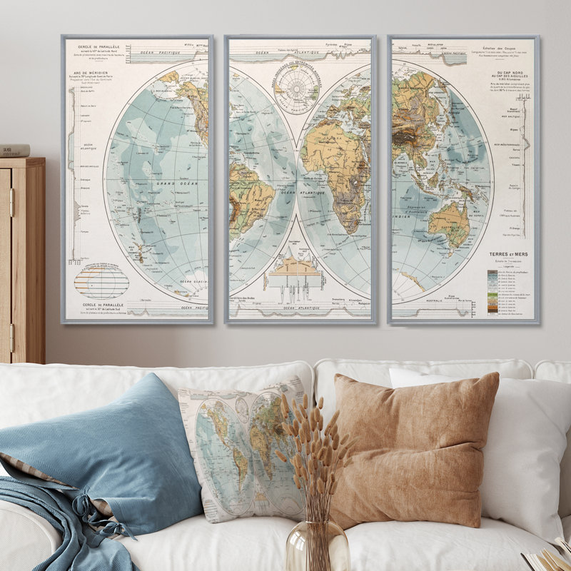 Ancienne carte du monde II - cadre flottant 3 pièces, impression sur toile, H 40 po x l 60 po, Argent
