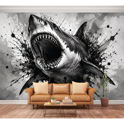 Wall Mural Peel and Stick Fierce Shark Black White Paint Splatter Effect Large Wallpaper Self-Adhesive Removable Contact Paper Wall Decor for Living Room Bedroom Nursery 100"H x 144"W