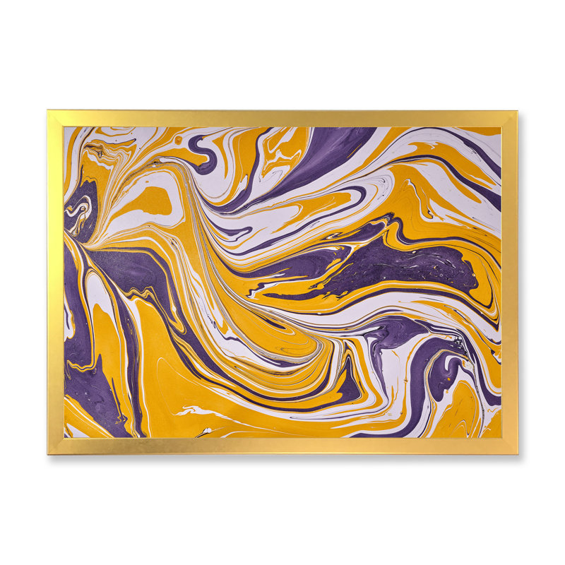 Jaune et mauve, art acrylique fluide - sur, Toile encadrée dorée, H 16 po x l 32 po x P 1 po