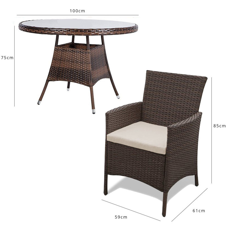Dubose 4 - Person Wicker Patio Dining Set with Round Table , Cushions Included, Brown, No