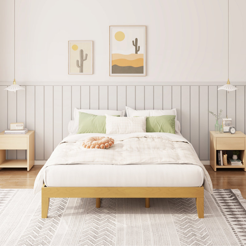 Solid Rubberwood Platform Bed, Queen, Pine