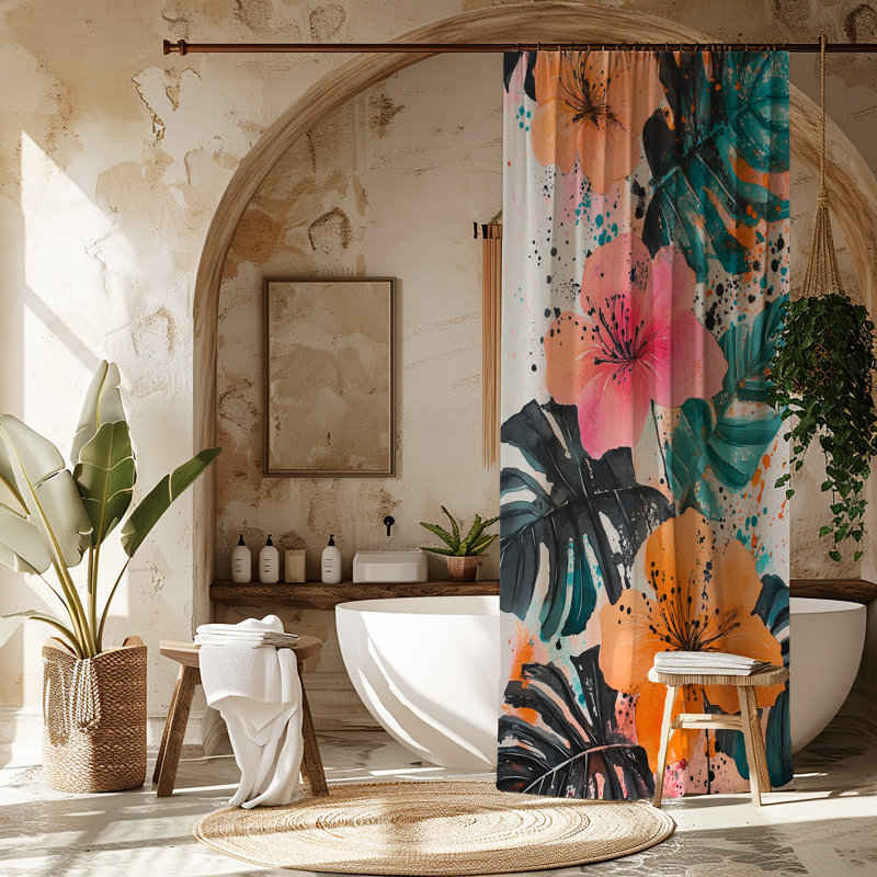 Rideau de douche Sunspired Island Bloom, H 90 po x l 71 po, Blanc / orange / vert / rose / bleu floral