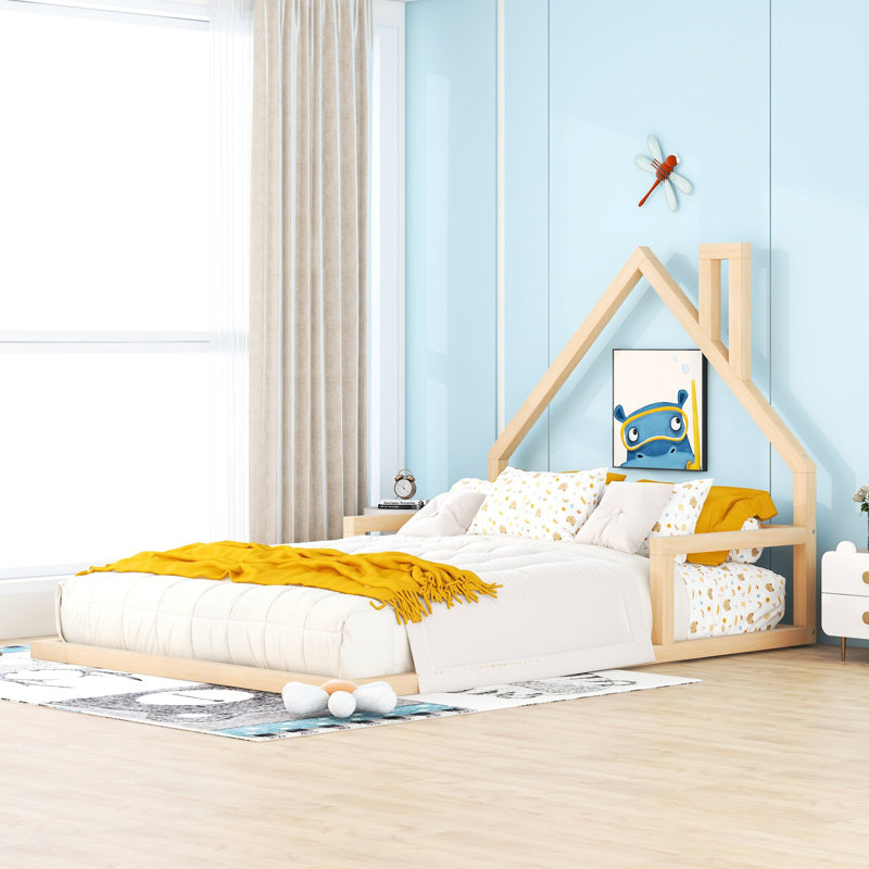 Tête de lit pleine grandeur en forme de maison - plancher en bois naturel avec Fascinant naturel, solide +, sans sommier, méthode d'assemblage pratique