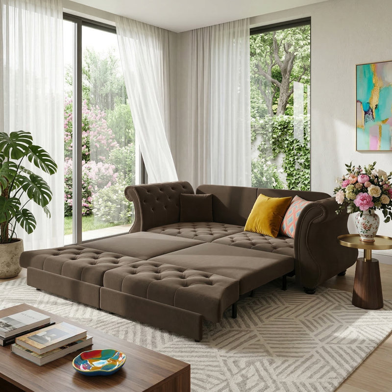 Grand canapé-lit Chesterfield de 84 po, H 34,6 po x l 84 po x P 33 po, Brun