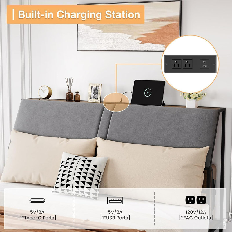 Base de lit avec station de charge et rangement à 4 tiroirs avec rangement | Lit plateforme ergonomique avec rangement à 3 niveaux, aucun sommier nécessaire