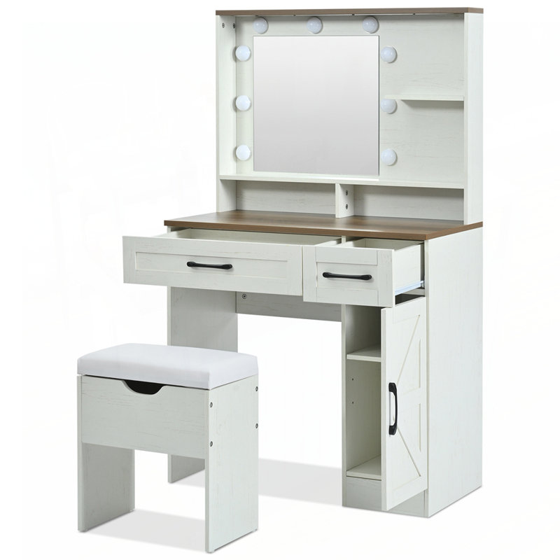 Bureau de coiffeuse de maquillage de ferme avec miroir, lumières, tabouret et tablettes réglables pour un décor de chambre à coucher rustique
