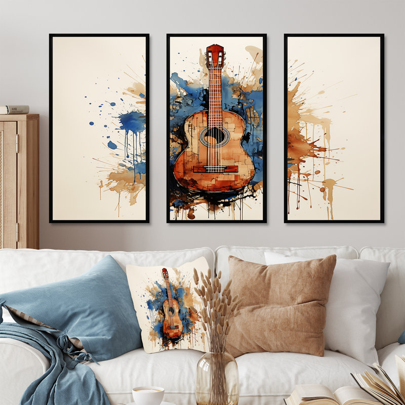 Earthy Brown Guitare, mélodie - musique, art mural, H 28 po x l 36 po x P 1 po, Cadre flottant noir
