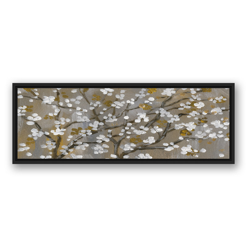 Fleurs de cerisier blanches sur toile, H 13,75 po x l 37,75 po x P 1,75 po, Cadre flottant noir