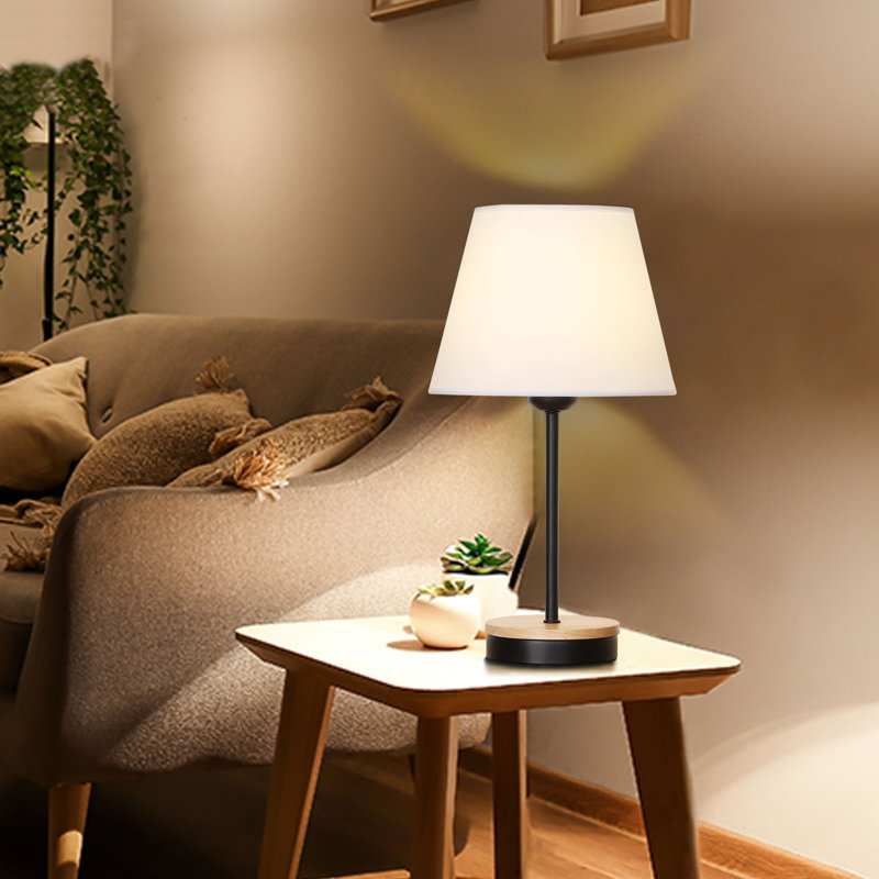 Lampe de bureau moderne à deux pièces avec abat-jour en lin blanc et base en bois